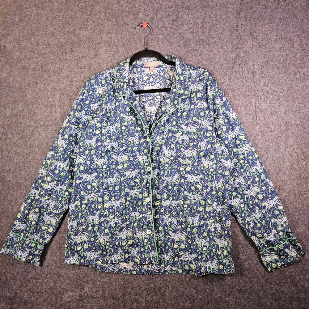 J.Crew Womens Blue Leopard Floral Cotton PJ Top Sleep Lounge Comfort Sz Large